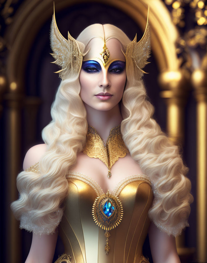 Blonde woman in golden armor and headdress on ornate background