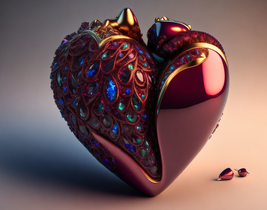 Ornate 3D Graphic of Red and Metallic Heart with Broken Piece