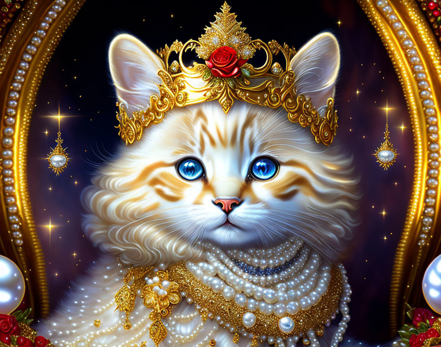 Regal cat illustration with blue eyes, golden crown, pearls, and ornate backdrop