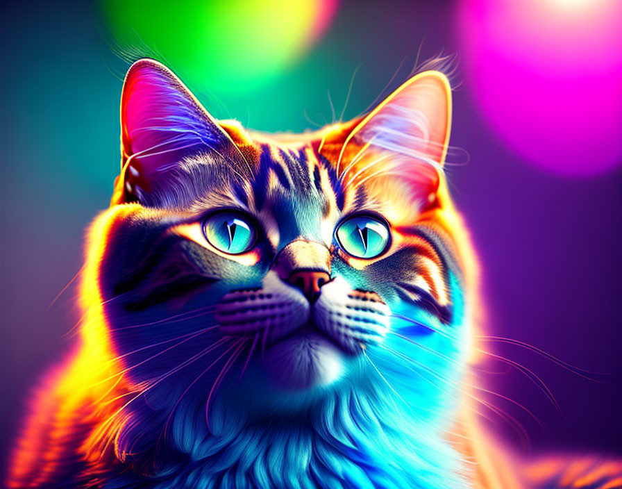 Colorful Neon Cat Art with Bokeh Background