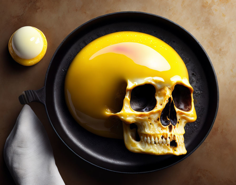 Skull-shaped sunny side up egg in pan with eggshell, a dark artistic breakfast twist