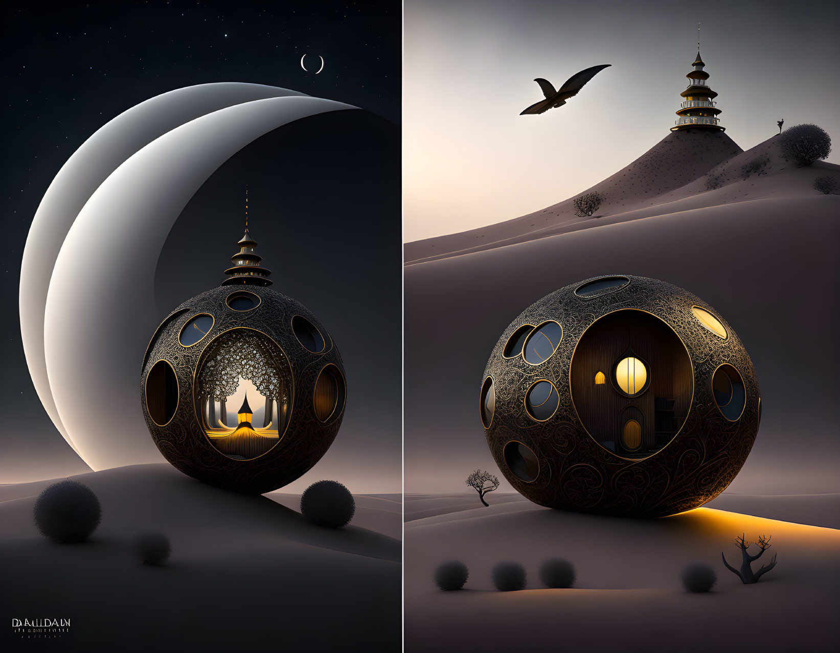 Surreal digital artwork: Contrasting desert scenes with spherical structures