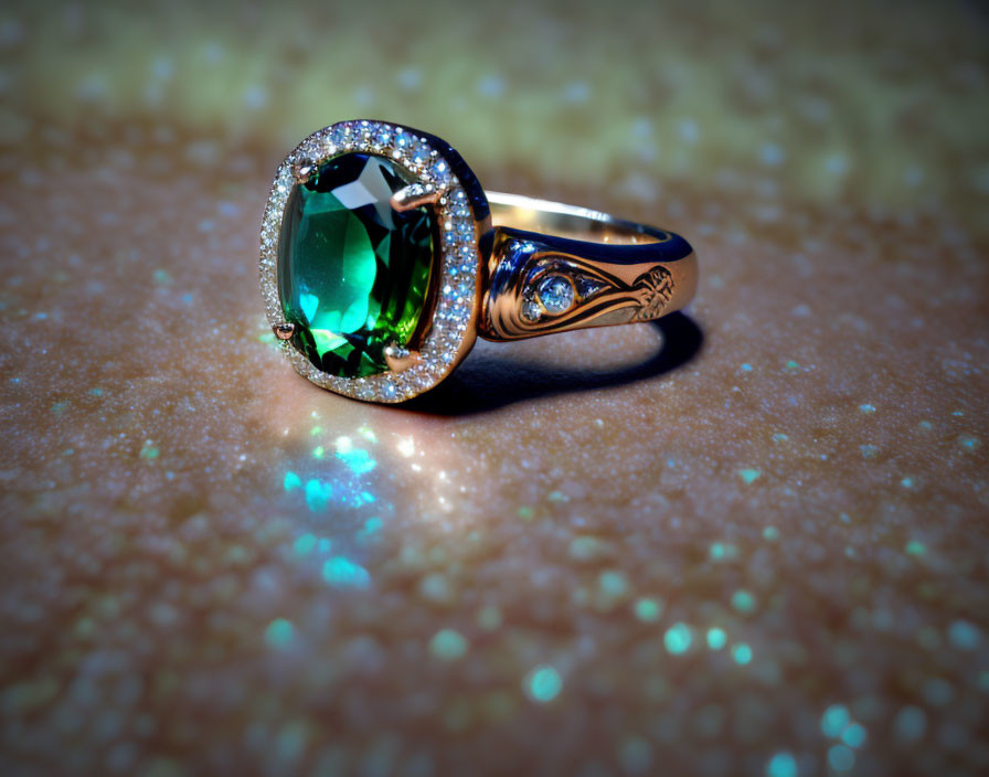 Green gemstone ring with diamonds on gold band - intricate design, glittering surface