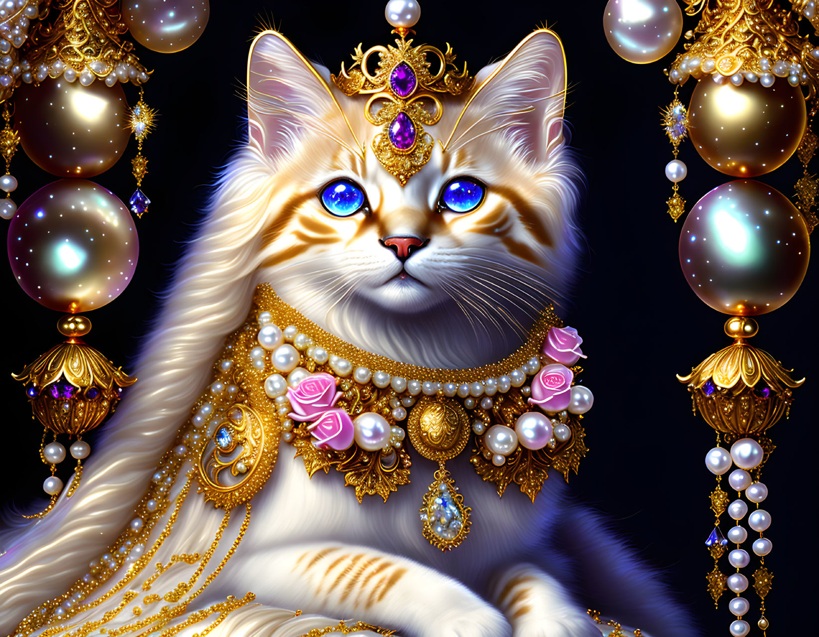 Ornately adorned cat with blue eyes and golden jewelry on dark background