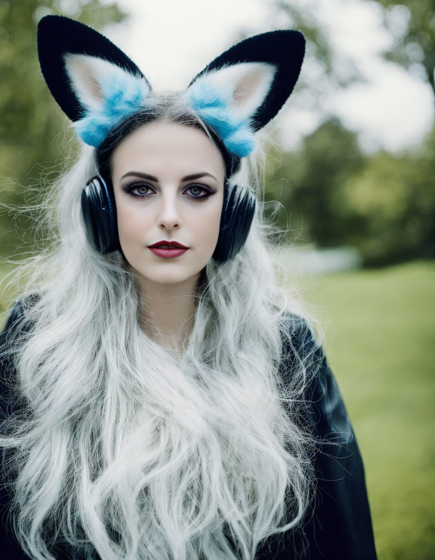 Woman with Striking Makeup and Furry Ears in Blue and Black Headphones