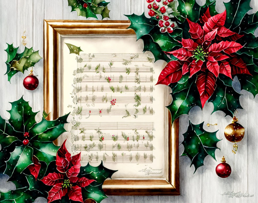 Framed Christmas sheet music with holly leaves, poinsettias, and ornament