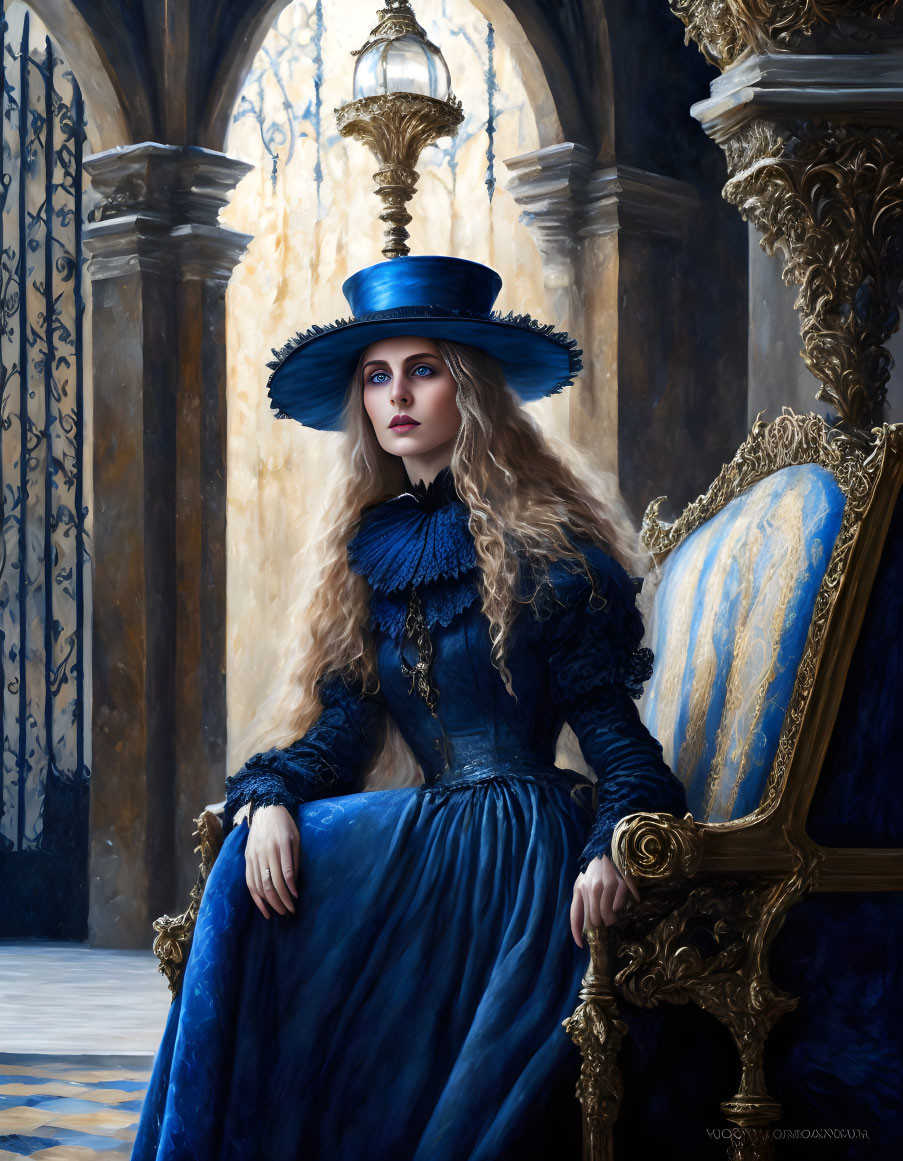 Victorian woman in blue dress and hat by golden throne in grand hall