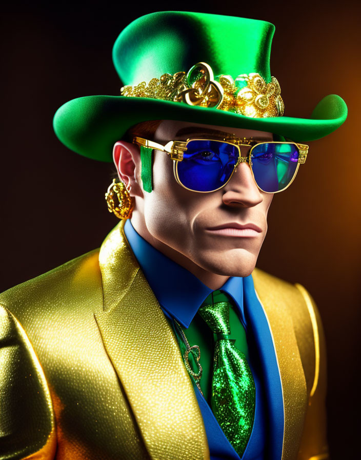 Colorful Character in Green Hat and Gold Jacket on Dark Background