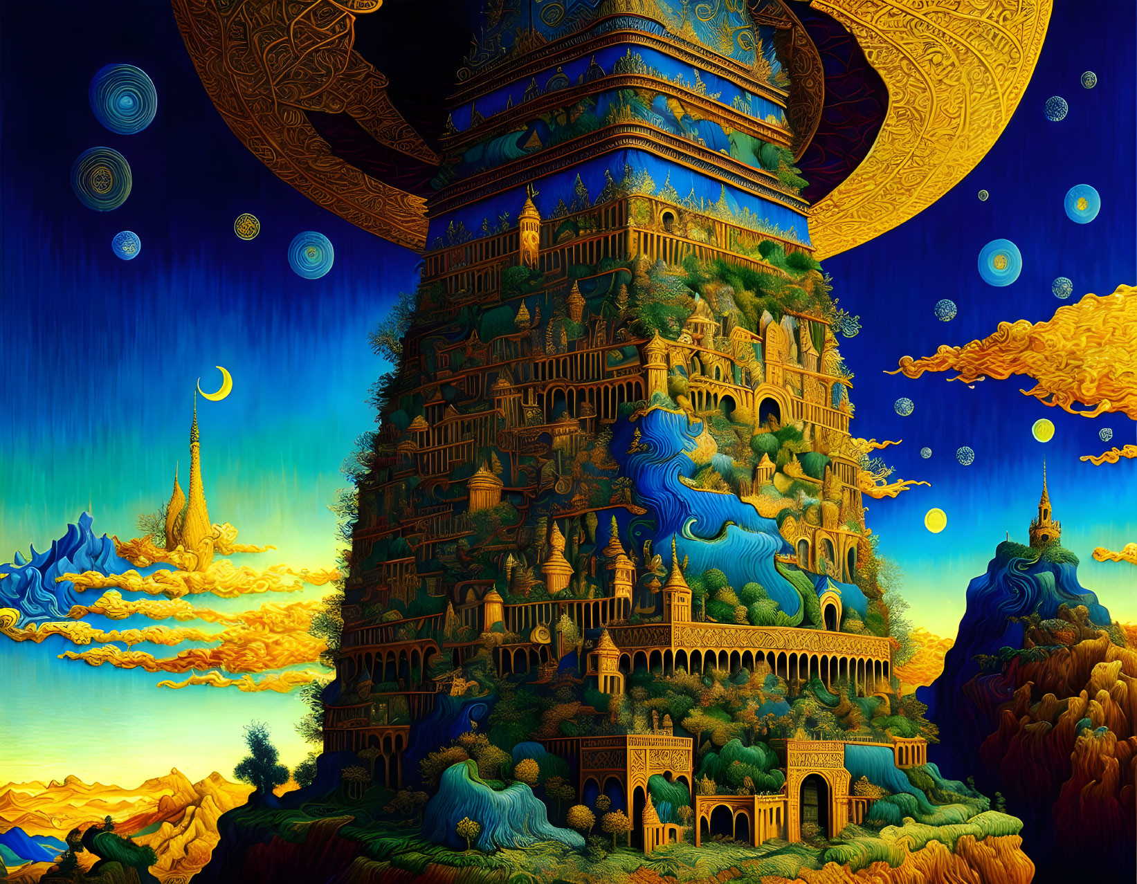 Vividly colored fantasy artwork: Towering pagoda with mythical creatures amid celestial clouds