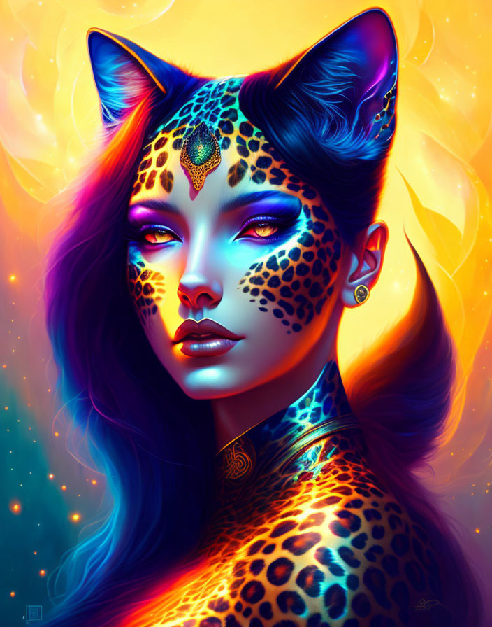 Colorful portrait of woman with leopard features in cosmic setting