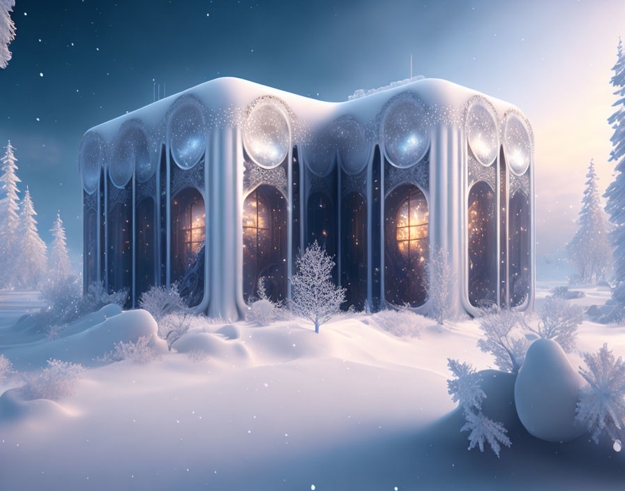 Futuristic building with illuminated round windows in snowy twilight landscape