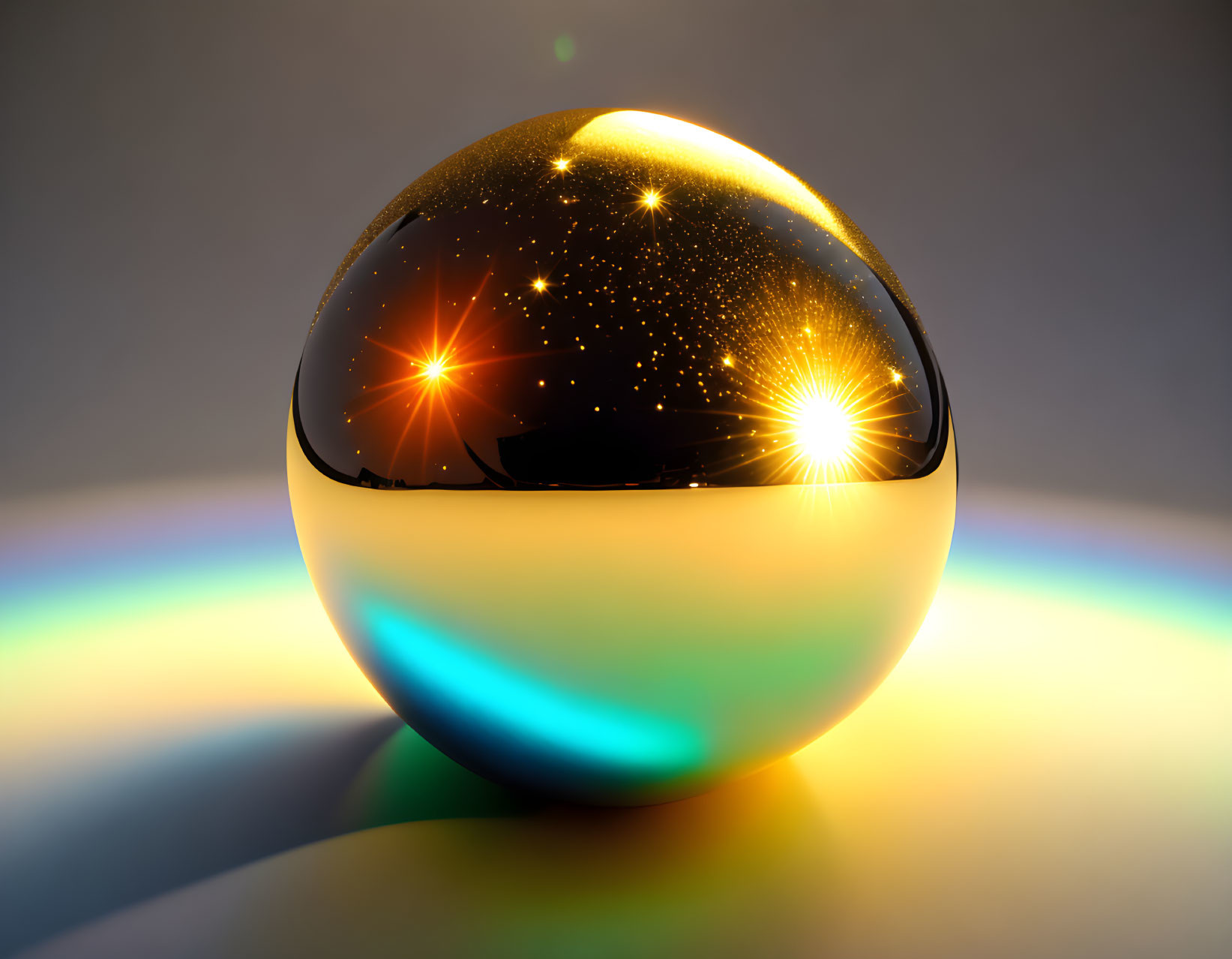 Reflective Sphere with Galaxy Interior and Rainbow Hues