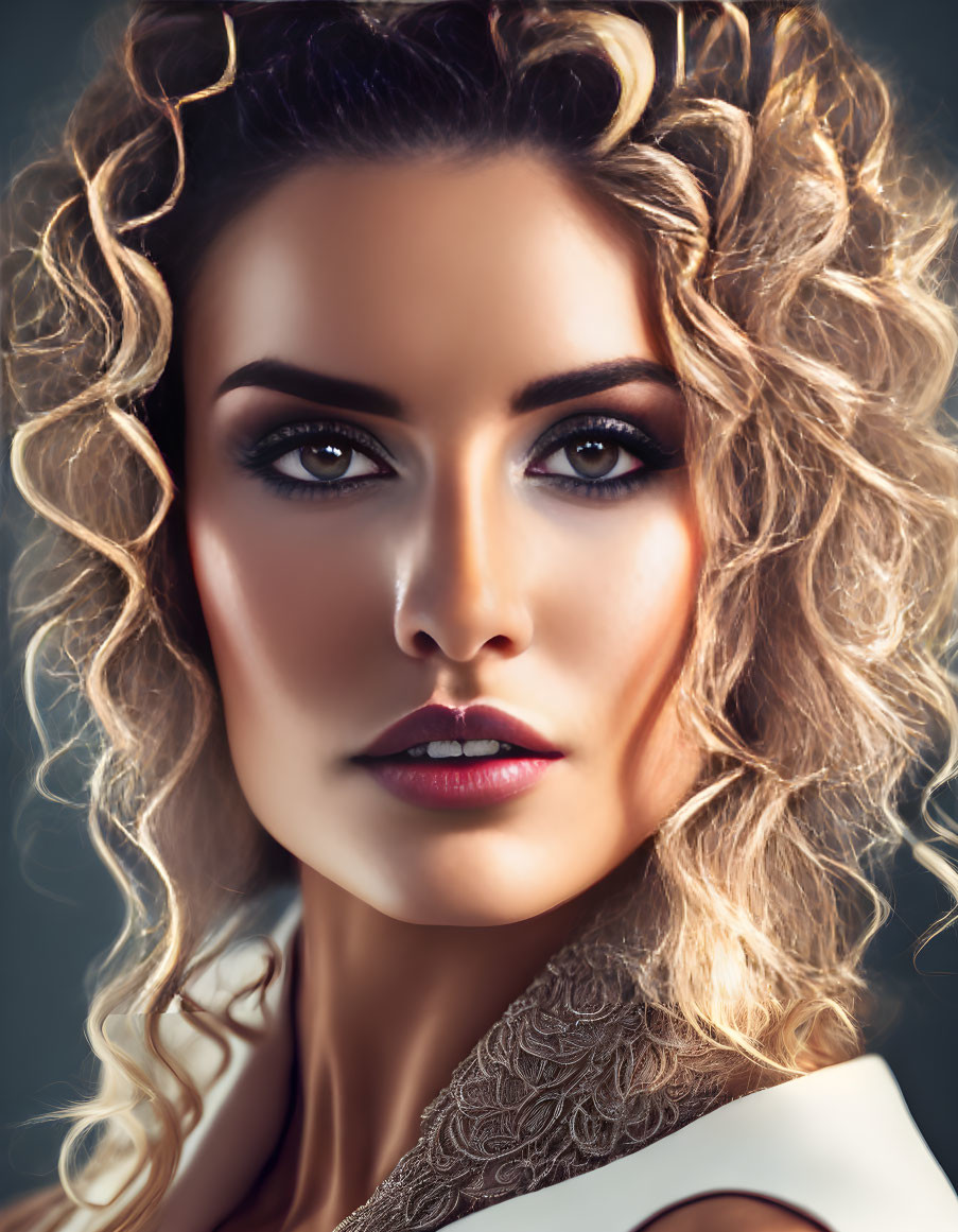 Curly-haired woman portrait with intense gaze and striking makeup