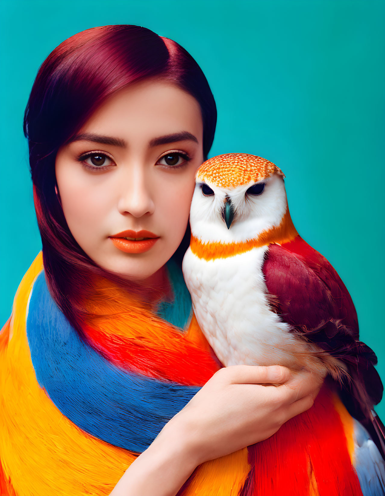 Colorful Woman Holding Vibrant Owl on Teal Background