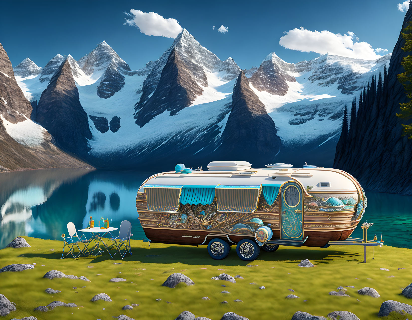 Luxurious Caravan by Serene Lake with Mountain View