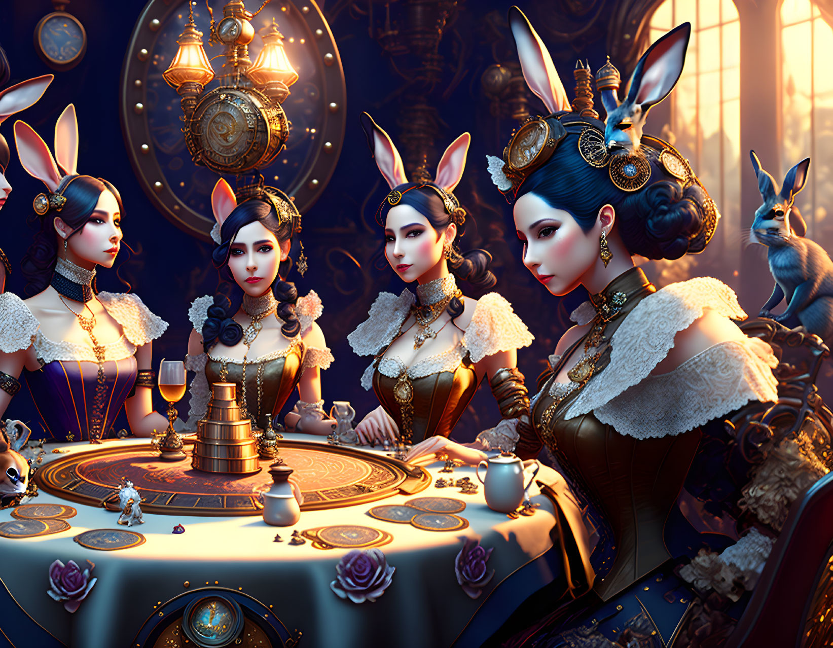 Victorian-themed art with three women in rabbit ears at ornate table