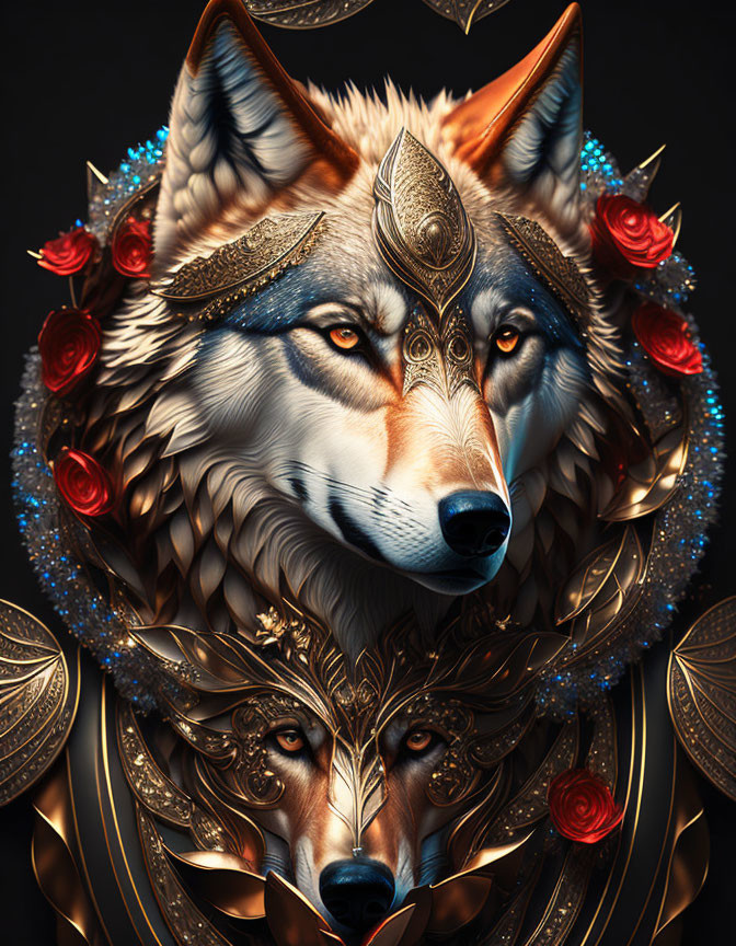 Detailed illustration of majestic wolf with golden accessories and red roses on dark background.