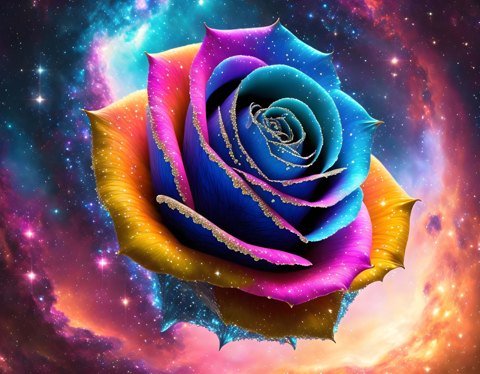 Vibrantly Colored Rose with Dewdrops on Cosmic Background