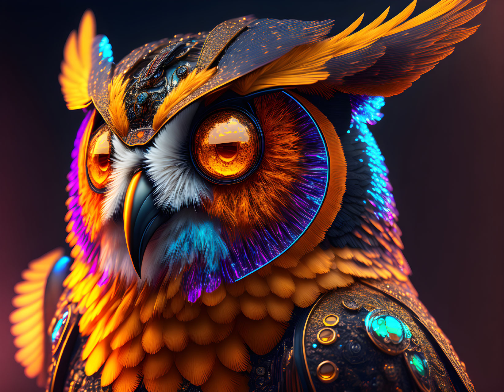 Colorful mechanical owl with intricate patterns on dark background