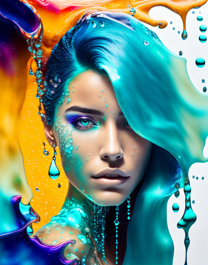 Blue-haired woman with vibrant makeup in colorful liquid swirls