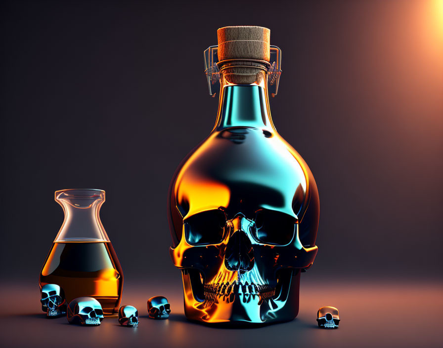 Skull-shaped glass bottle with cork, smaller skulls, and decanter in amber glow.