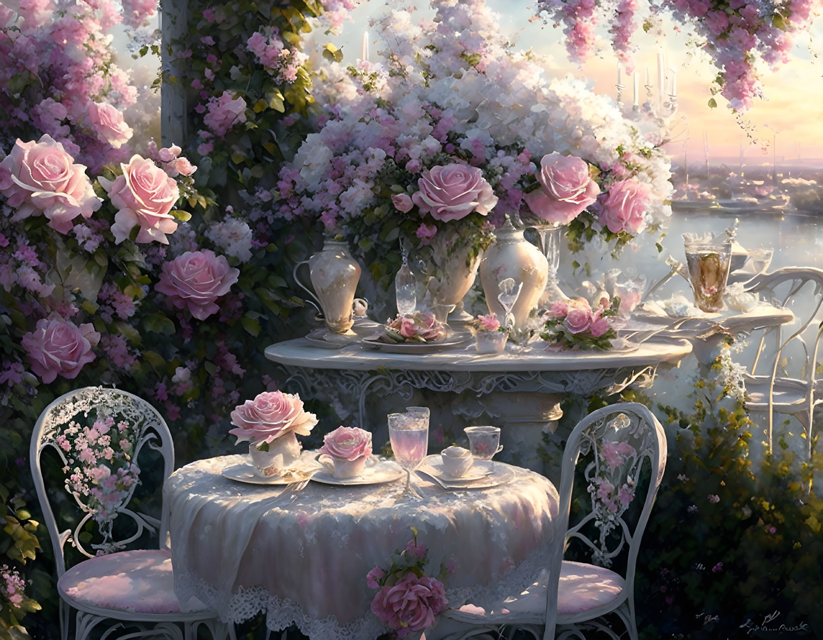 Outdoor Tea Setting with Flowers and Sunset Background