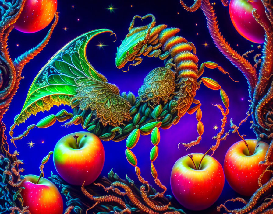 Colorful Dragon with Elaborate Scales and Apples in Starry Setting