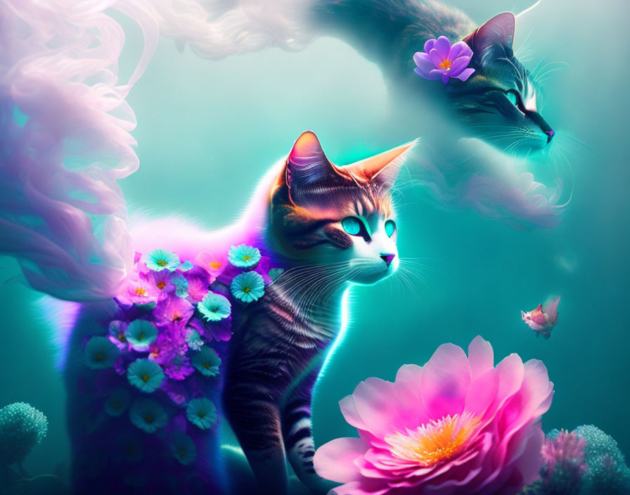 Fantastical cats with bright eyes in underwater floral setting