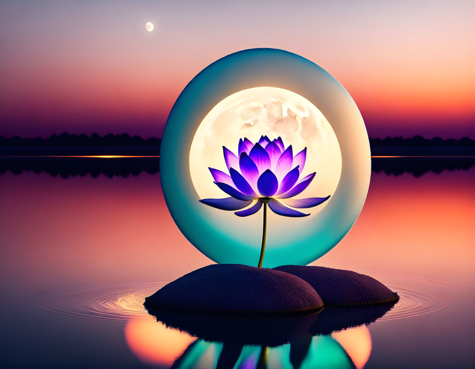 Purple lotus flower emerging from stones on water under a surreal moonlit sky