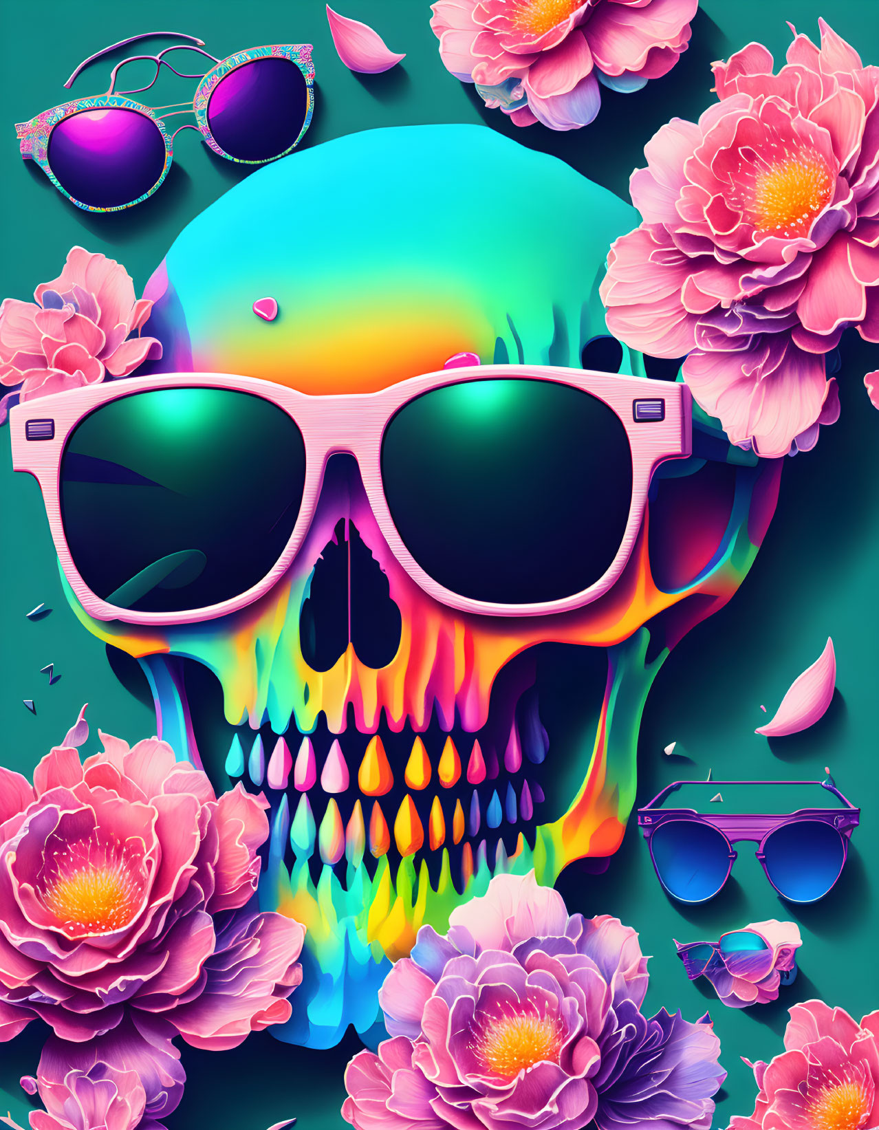 Colorful Skull with Sunglasses and Peonies on Teal Background