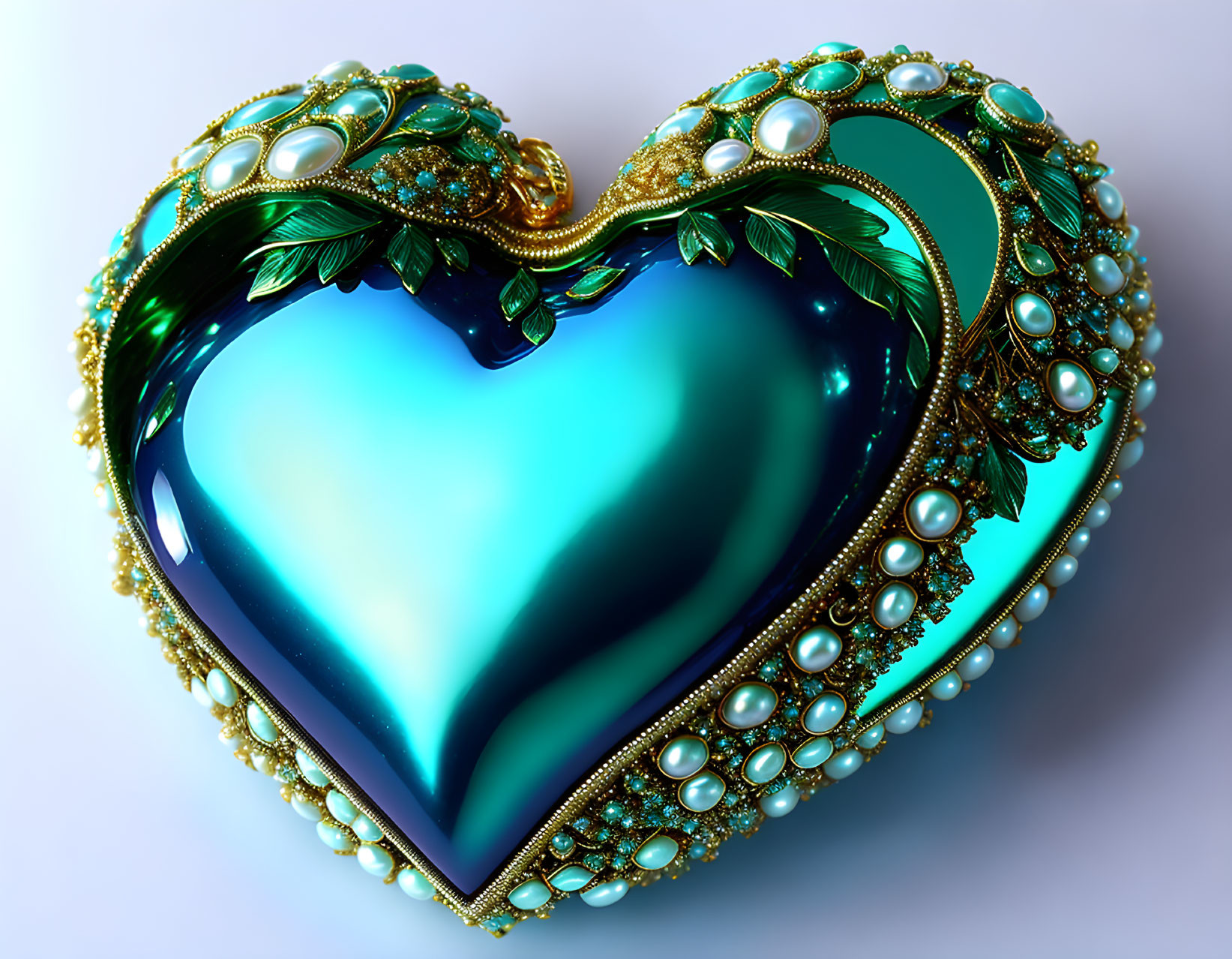 Luxurious 3D-rendered heart with golden filigree and pearls in turquoise and emerald