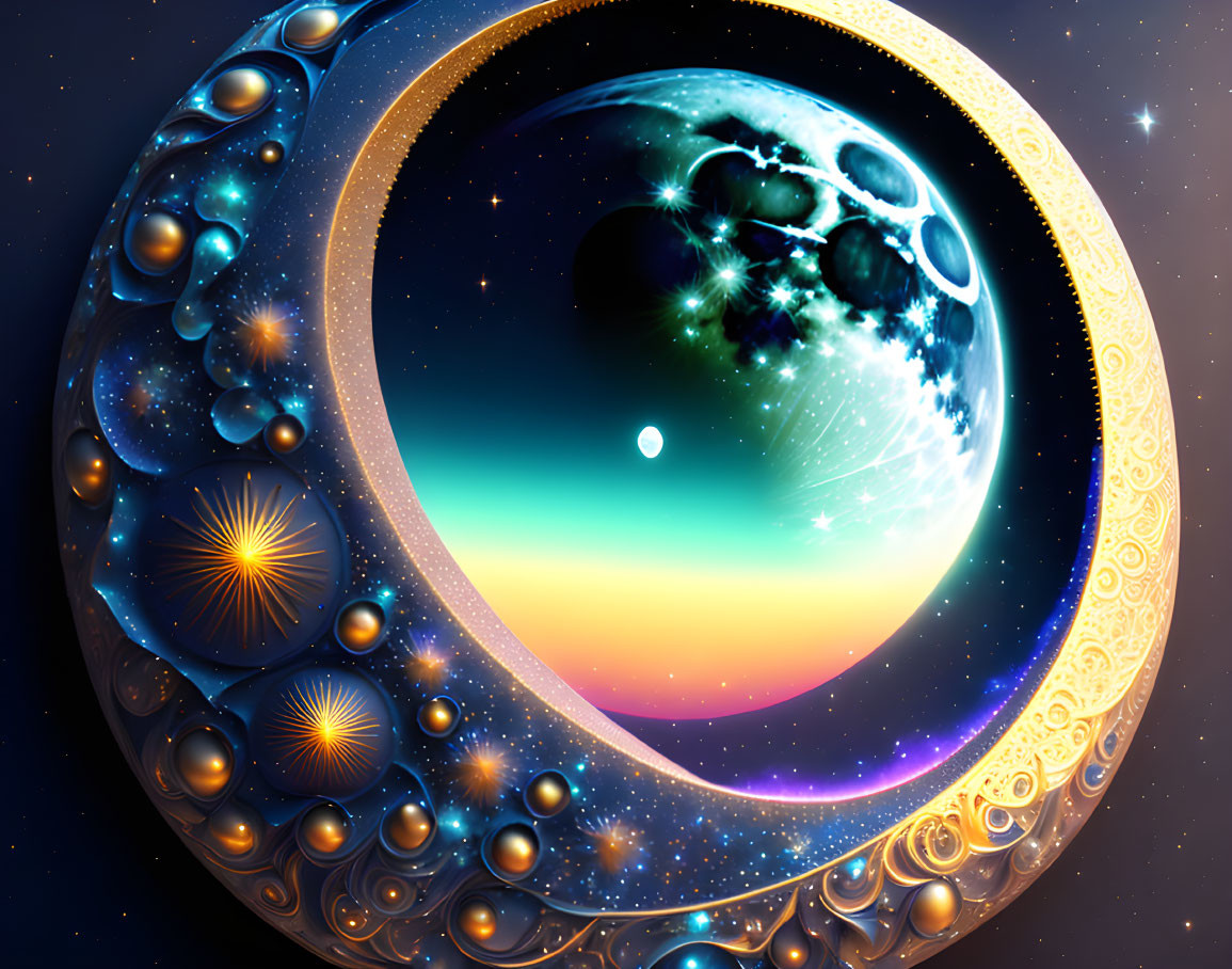 Surreal cosmic digital art with celestial bodies and fractal elements