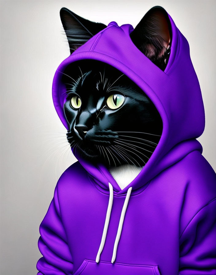 Digital Artwork: Black Cat with Green Eyes in Purple Hoodie