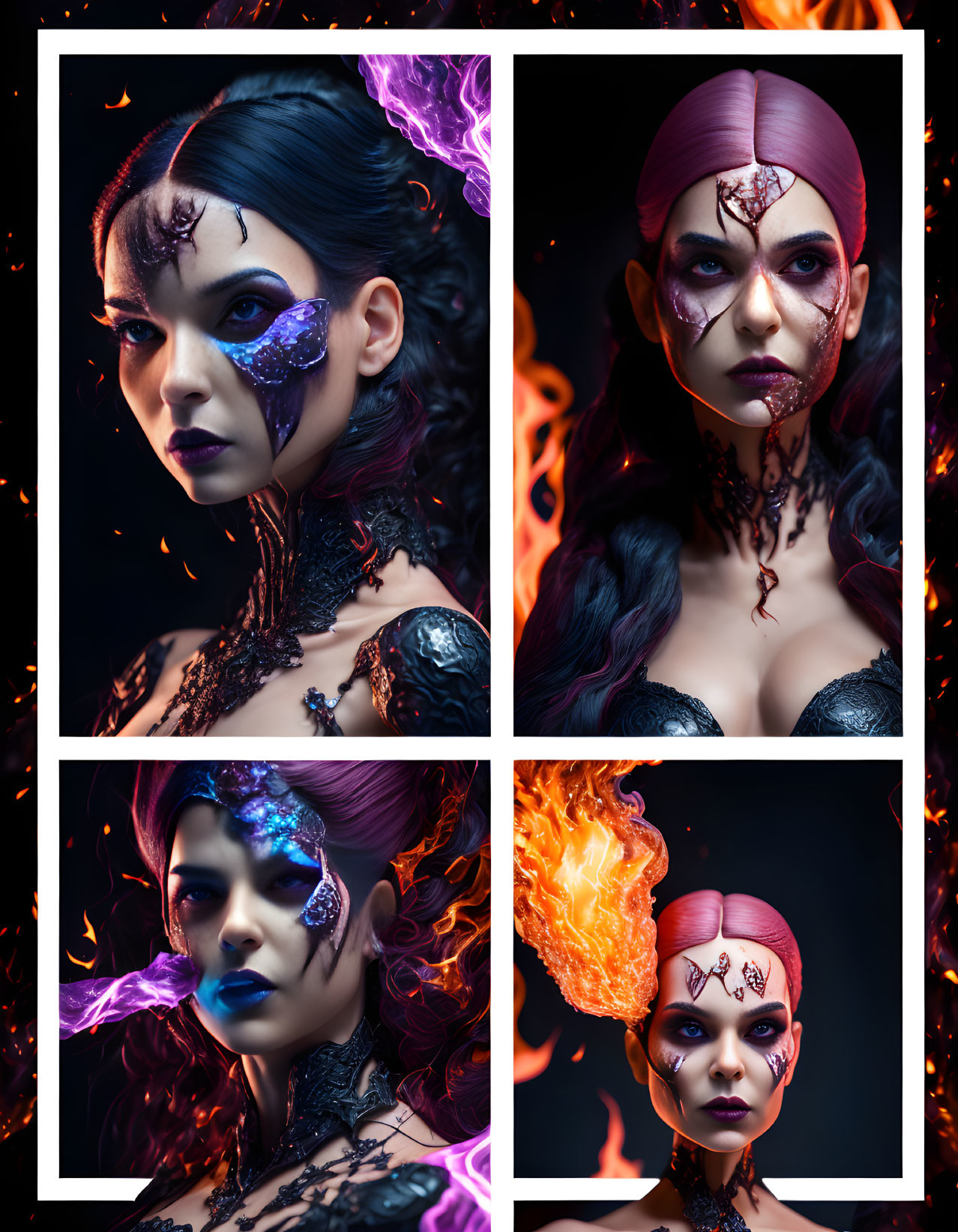 Collage of Four Fantasy-Themed Portraits with Dramatic Lighting