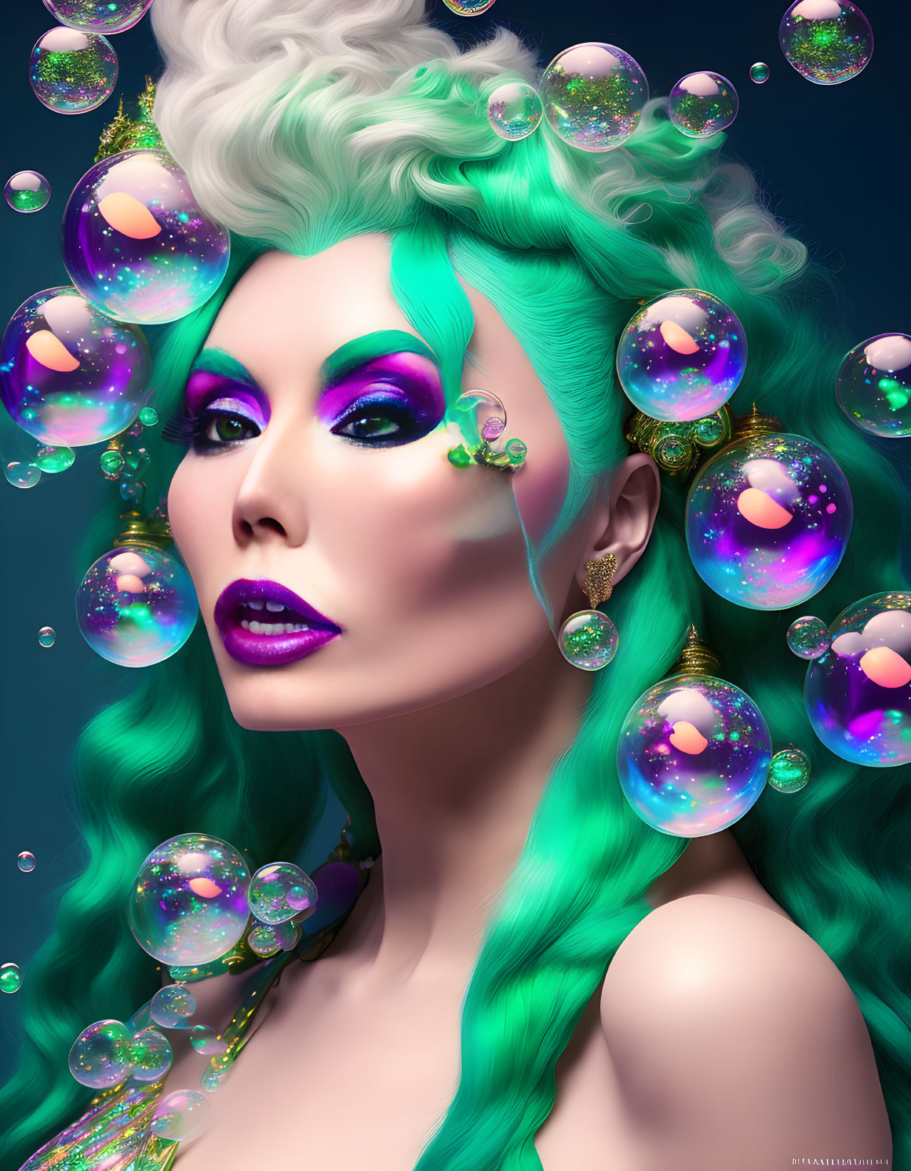 Colorful Portrait: Turquoise Hair, Purple Makeup, Iridescent Bubbles