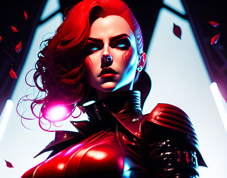 Stylized red-haired woman in black leather outfit with neon glow and swirling leaves