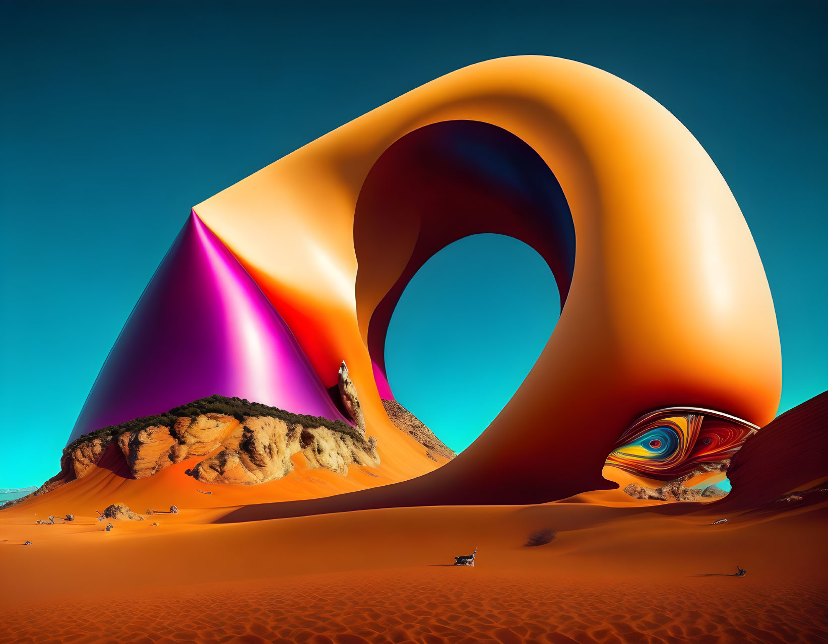 Colorful surreal landscape with twisted orange structure, purple peak, and vibrant fish in desert.