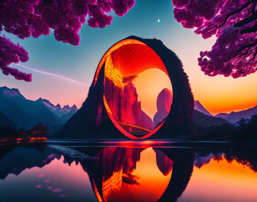Vibrant sunset over surreal landscape with glowing portal and mountain reflection