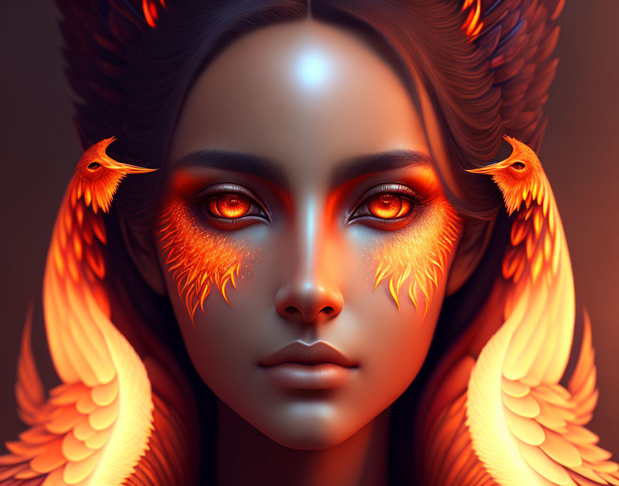 Digital portrait of a woman with fiery orange hair wings and phoenixes.