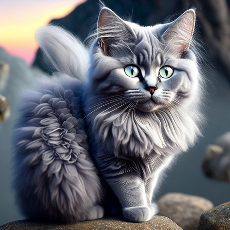 Gray Cat with Green Eyes on Rocks at Sunset