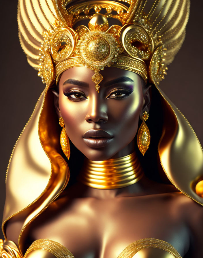 Regal figure with golden headdress and neck rings.