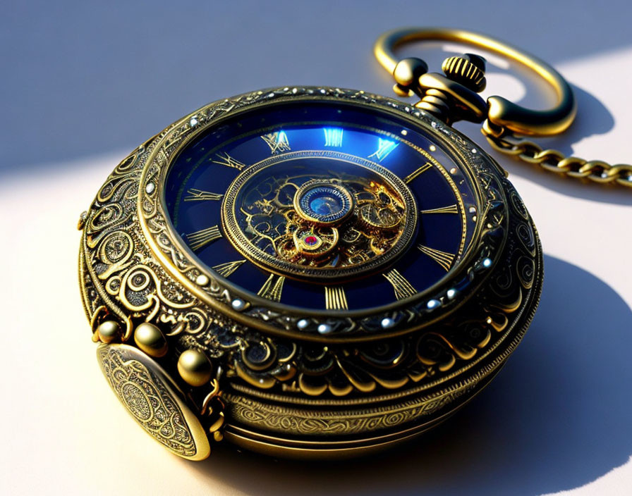 Gold and Blue Antique Pocket Watch with Visible Gears on White Surface