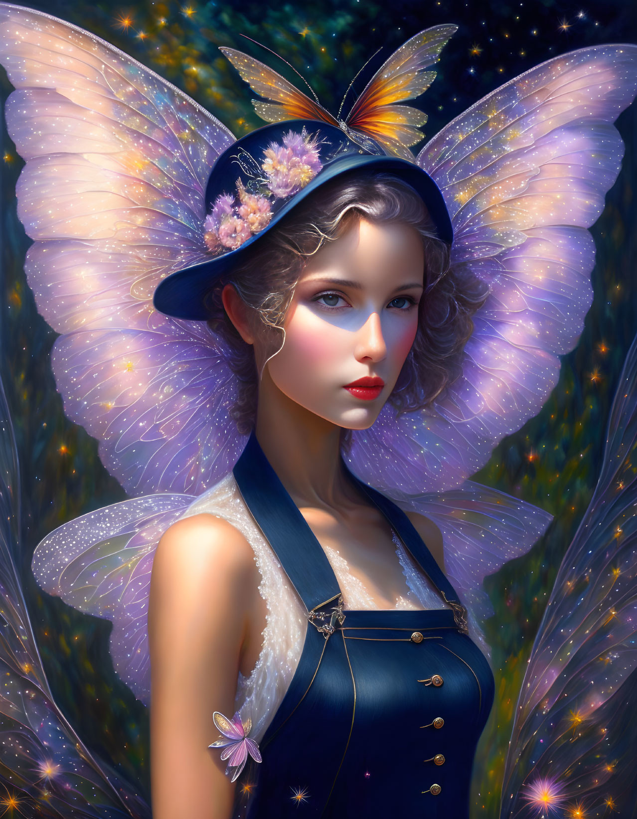 Digital Art: Young Woman with Butterfly Wings and Stylish Hat