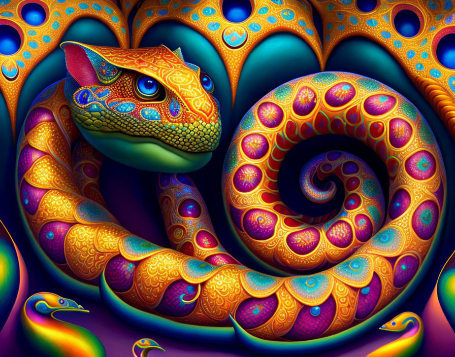 Colorful Psychedelic Serpent Coiled on Patterned Background