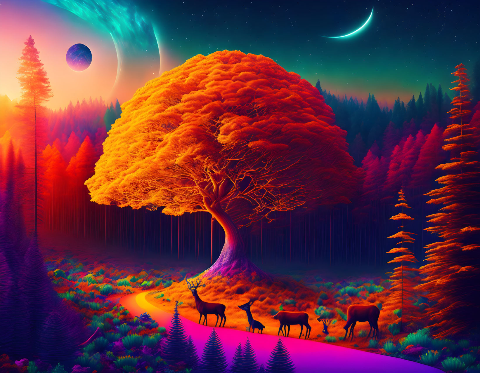 Colorful Twilight Fantasy Landscape with Orange Tree, Deer, Purple Path, Starry Sky, Crescent Moon