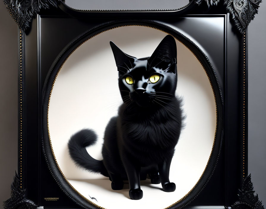 Black Cat with Yellow Eyes in Front of Ornate Mirror