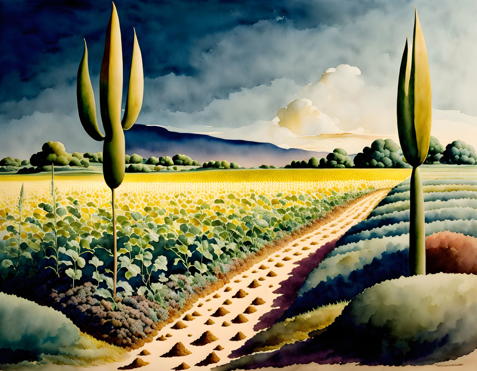 Colorful Agricultural Landscape Painting with Oversized Yellow Buds