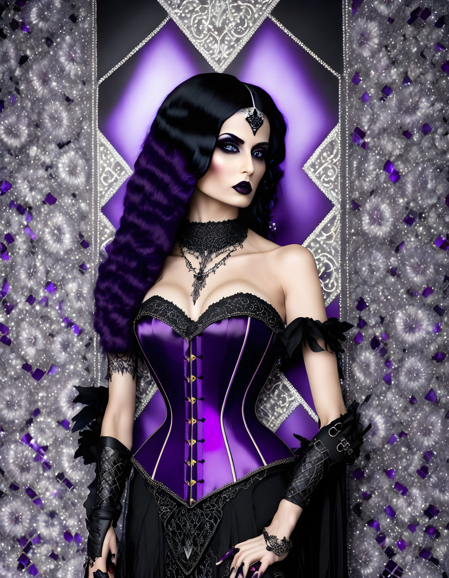 Digital art portrait of pale-skinned woman with black and purple hair in gothic attire against sparkly