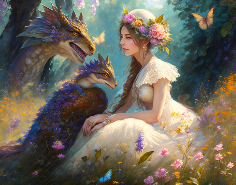 Woman in white dress with floral crown sitting with two dragons in a vibrant forest clearing