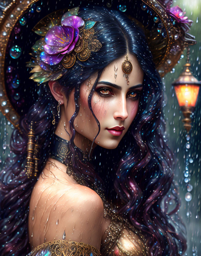 Illustrated woman with blue hair and jewelry in rain-drenched, lantern-lit scene